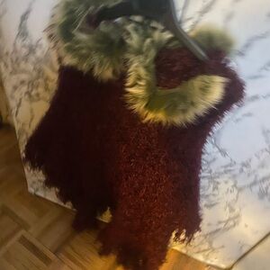 Fuzzy Burgundy Shawl with Fur Trim. Real fox fur…. High fashion poncho.